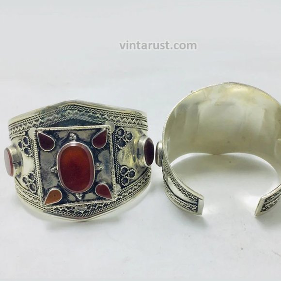 single Handmade Boho Kuchi Cuff Bracelet inlaid With Stones, Tribal Ethnic Cuff - Picture 2 of 6